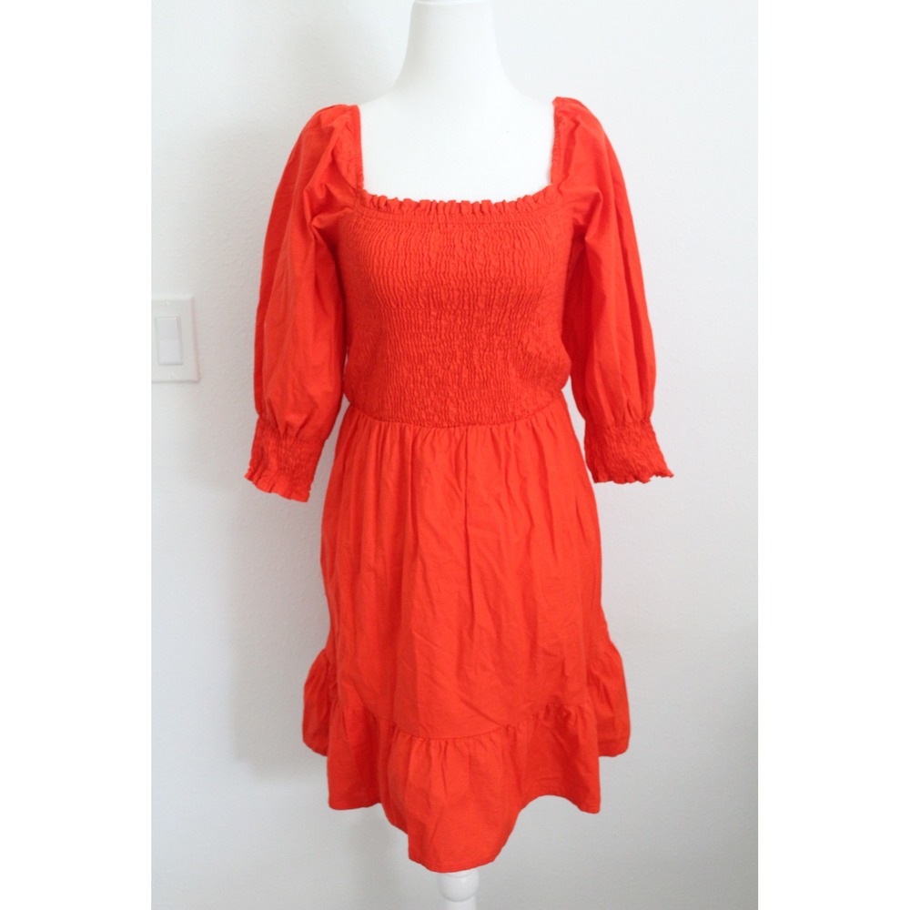 Sim & Sam Women Orange Red Smocked Puff Sleeve Cotton Tiered‎ Mini Dress Size M